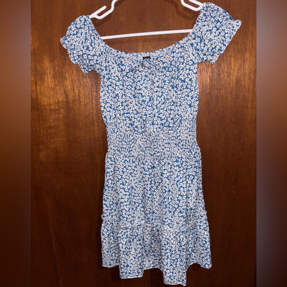 SHEIN Blue Floral Off-Shoulder Midi Dress